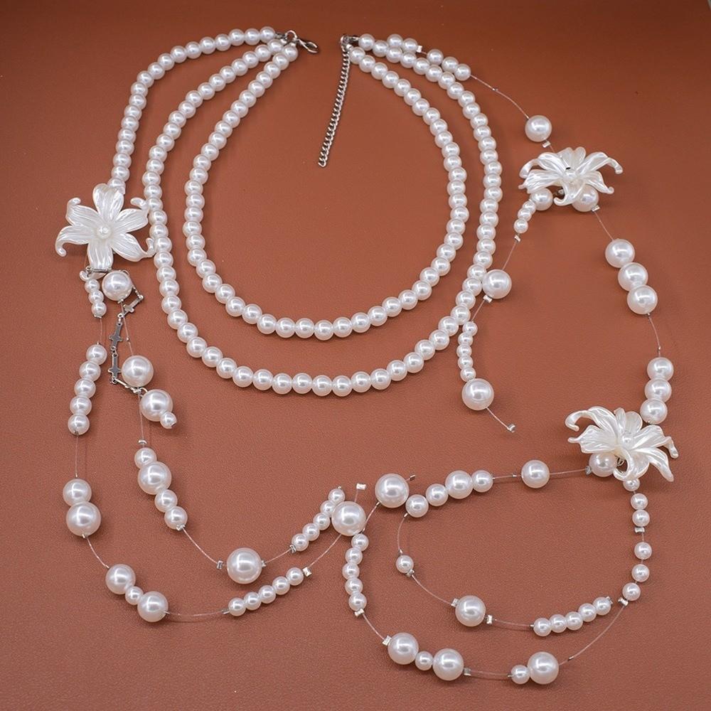 Faux Pearl Lilium Flower Pearl Necklace Multi Layer Stacked Flower Choker Vacation Look