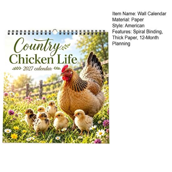 Farm Life Theme Calendar 2027 Country Chicken Wall Calendar, 12-Month Planner with Spiral Hens Chicks Binding, Thick Paper Academic Year for