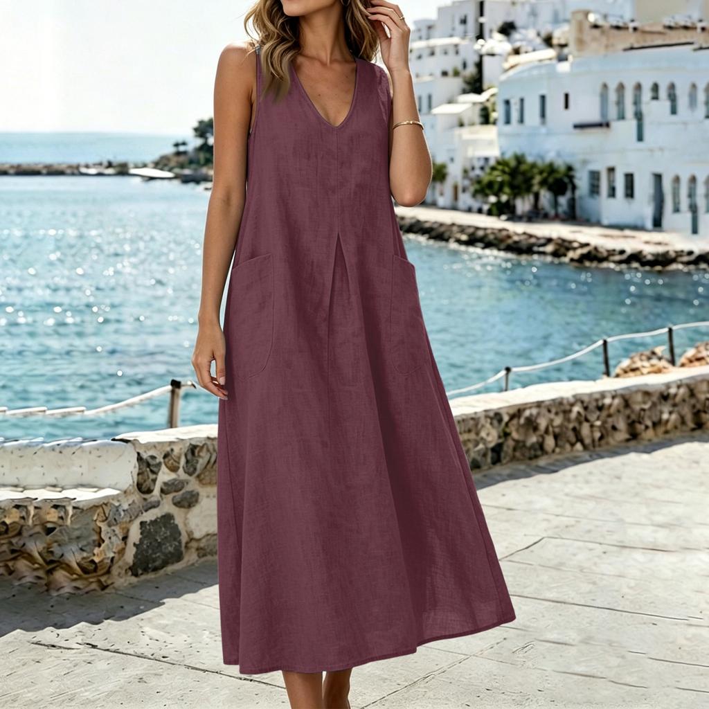 Sleeveless V Neck Midi Dress with Pockets Loose Fit Casual A Line Dress for Women Lightweight Summer Sundress
