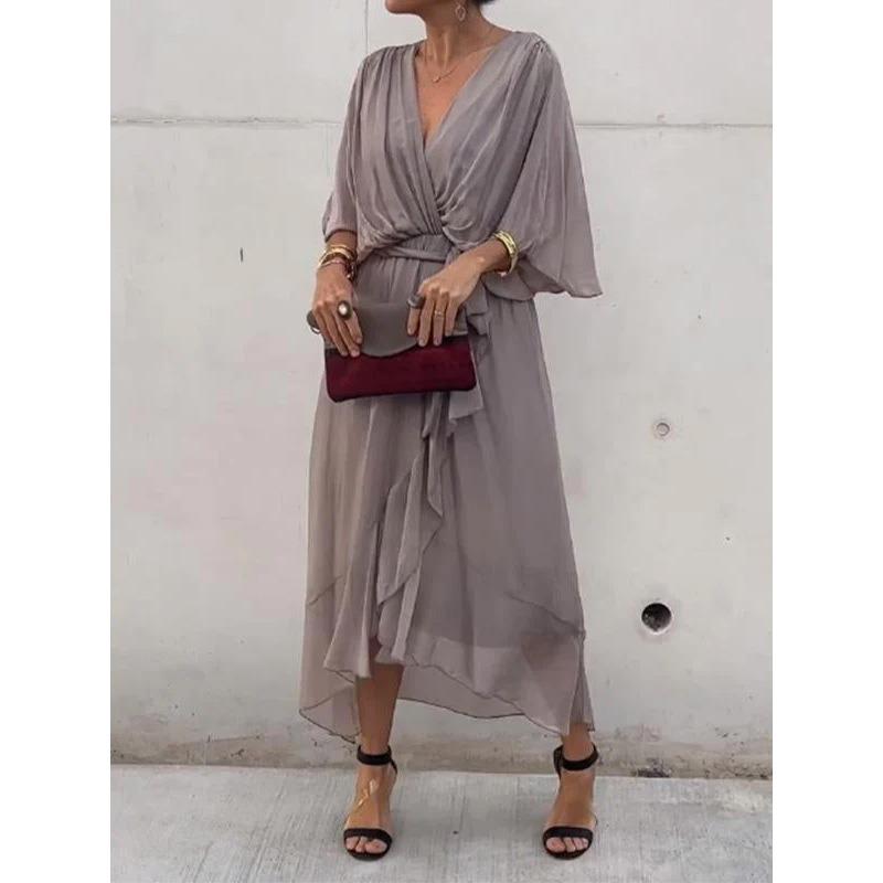 BITCED Fashion Summer Spring Solid Color Print 3/4 Sleeves V-Neck Casual Dresses