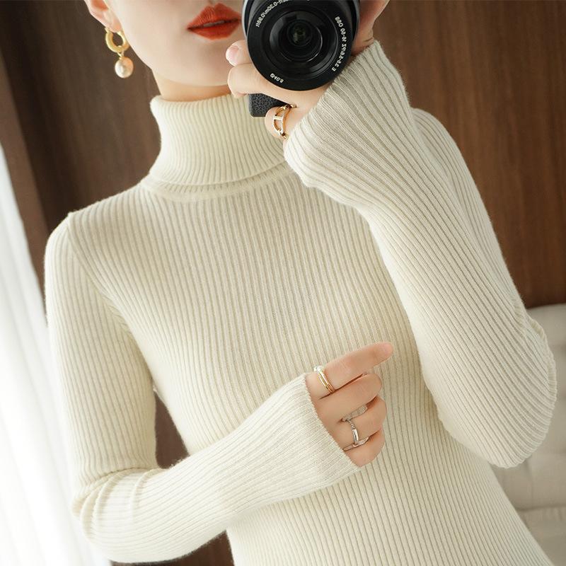 Women's Autumn Winter High Neck Pile Collar Ribbed Knit Slim-Fit Inner Base Layer Sweater