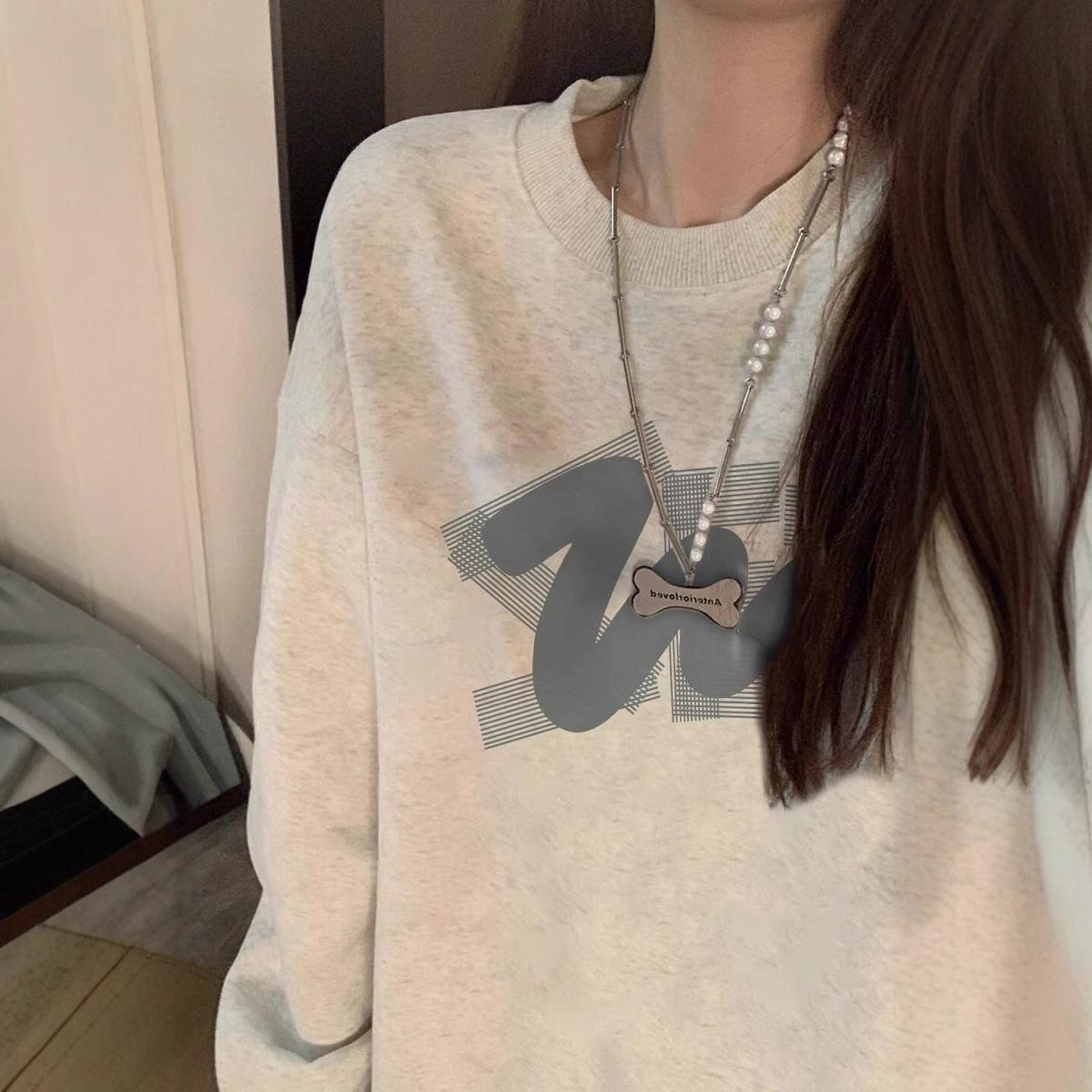 

Толстовка в стиле ретро с круглым вырезом без шапки спереди на плече для женщин на осень и зиму, плюс бархатный утолщенный дизайн, пуловер с длинными рукавами XXL