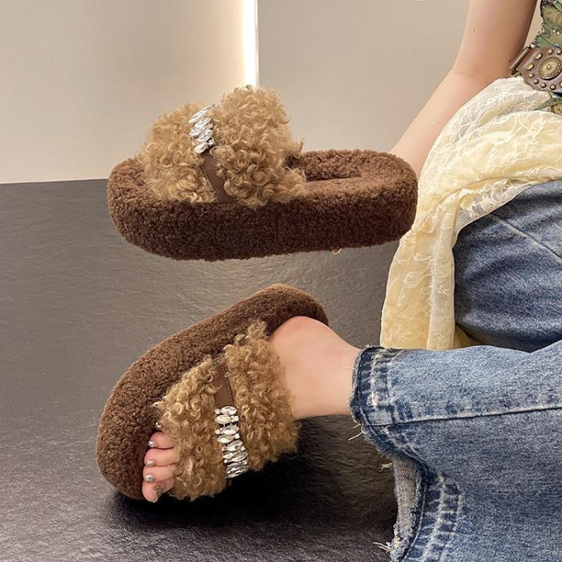 Retro one-pedal fluffy thick-soled slippers women's autumn and winter outer wear fashion slippers women's one-word drag