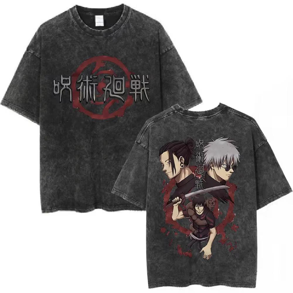 Washed Vintage Anime Jujutsu Kaisen T-shirts Fushiguro Toji Satoru Gojo Geto Suguru Graphic T-shirt Men Cotton Oversized T Shirt
