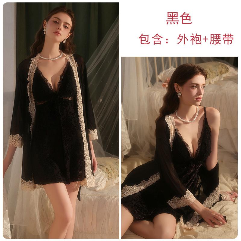Women's Burnout Lace Removable Pads Backless Sleep Dress with Robe Lounge Set