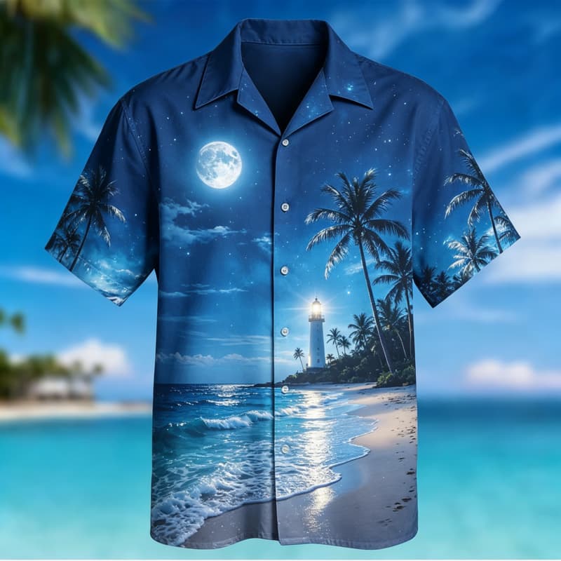 Vibrant Tropical Coastal Print Short Sleeve Shirt Casual For Men ,suitable For Daily Wear With Scenic And Relaxed Charm