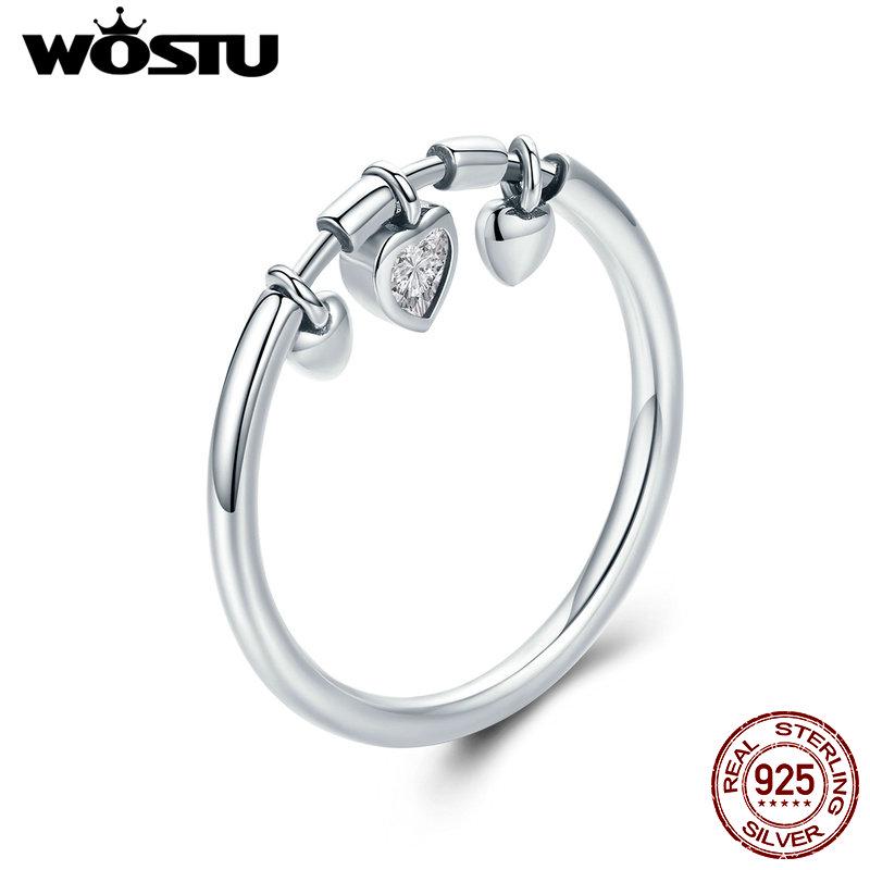 WOSTU Genuine 925 Sterling Silver Dazzling Dangle Heart Finger Rings for Women Luxury Sterling Silver Jewelry Anel CQR215