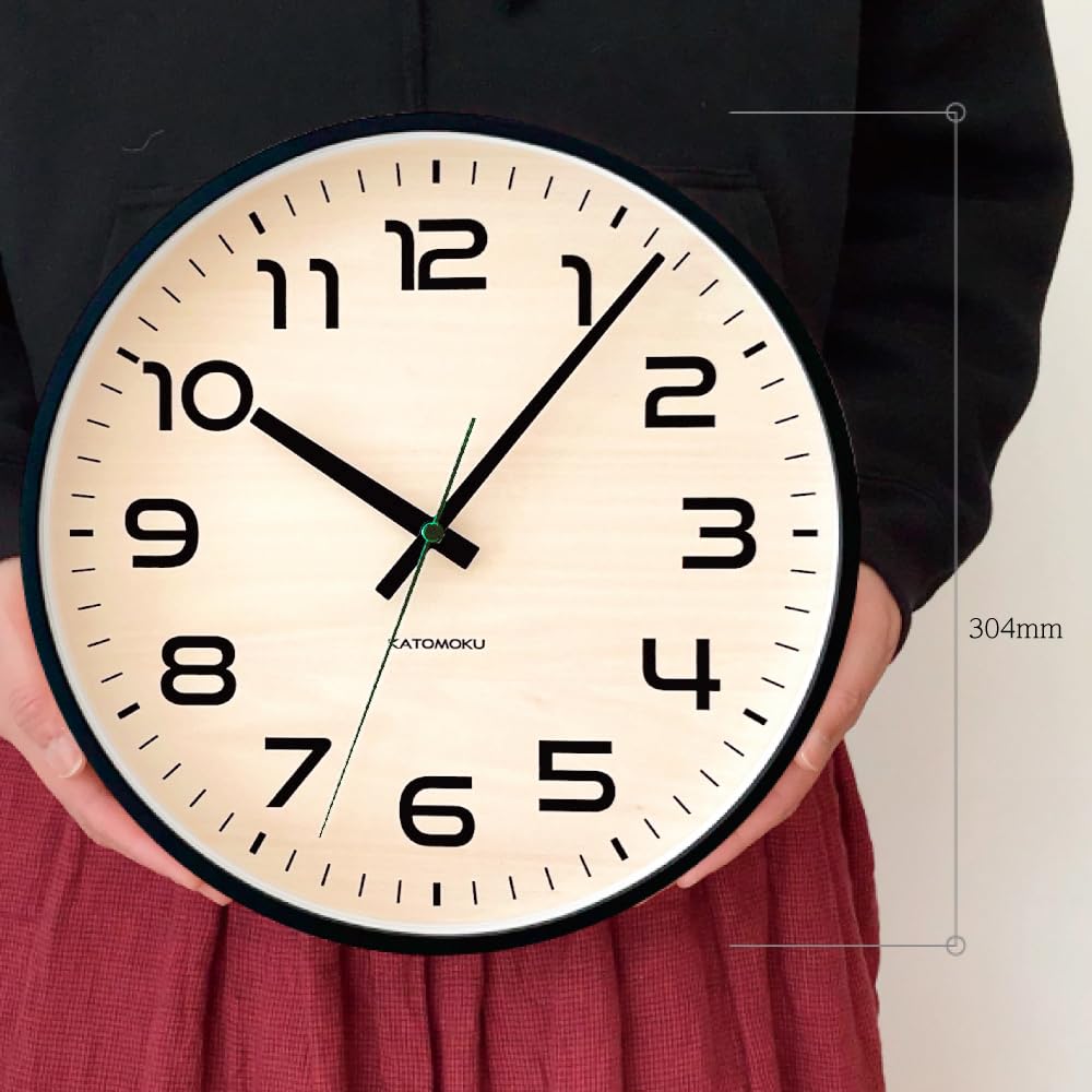 KATOMOKU Plywood Clock 23 Black Wall Clock with Continuous Second Hand Controlled km-145BKRC 304mm (radio Clock)