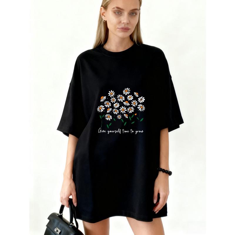 

Oversized T Shirt Black Daisy Flower Print With Give Yourself Time To Grow Text Casual Wear For Women XXXXL чорний