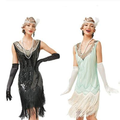Retro 1920S Retro V-neck Tassel Skirt Costume Latin Dance Ball Sequined Beaded Dress