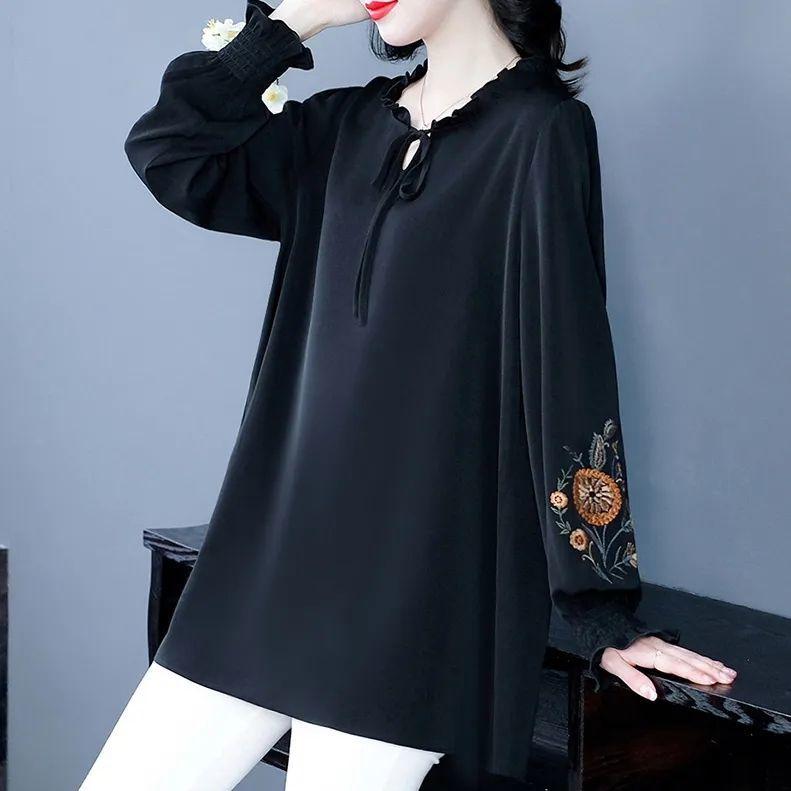 Spring Women Plus Size Blouse Loose Long Sleeve Embroidered Blouse
