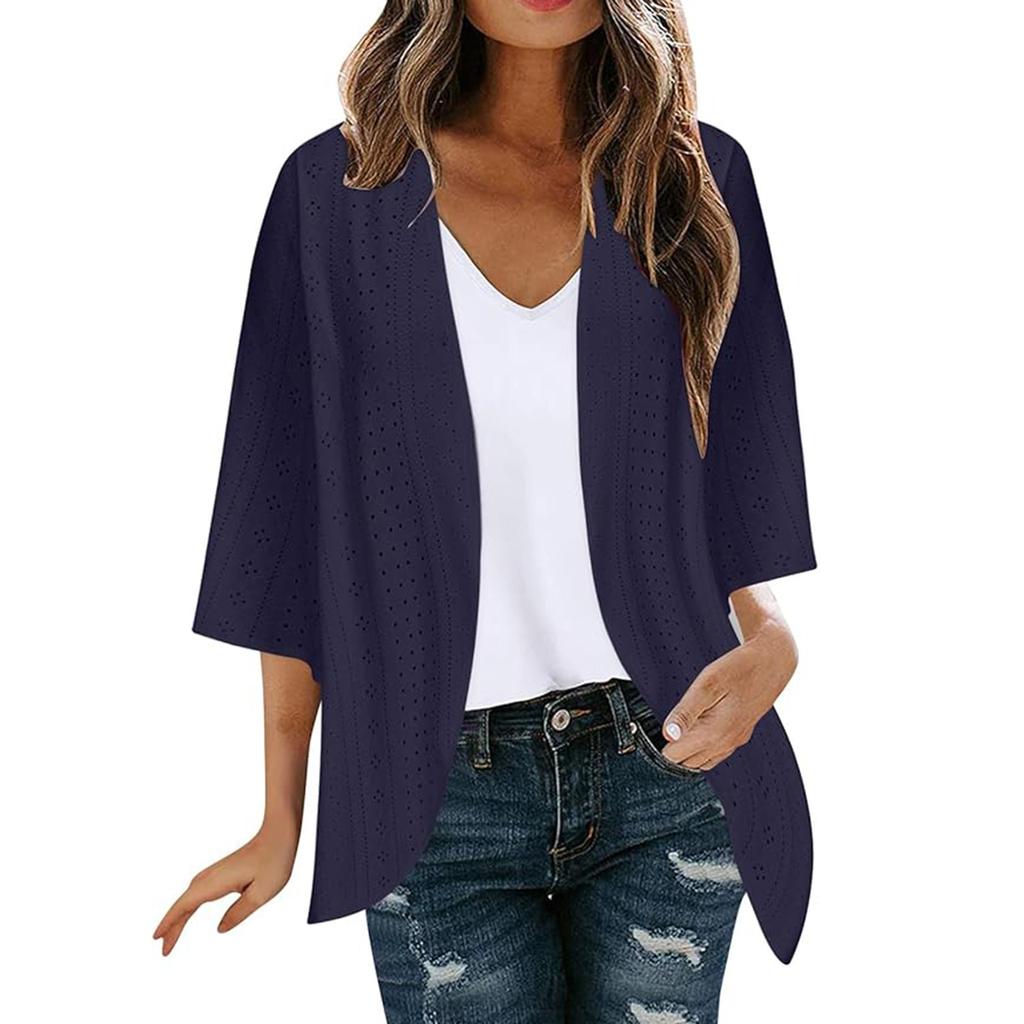 Veste Cardigan Décontractée Mode Femme à Manches Sept Partagées Couleur Unie