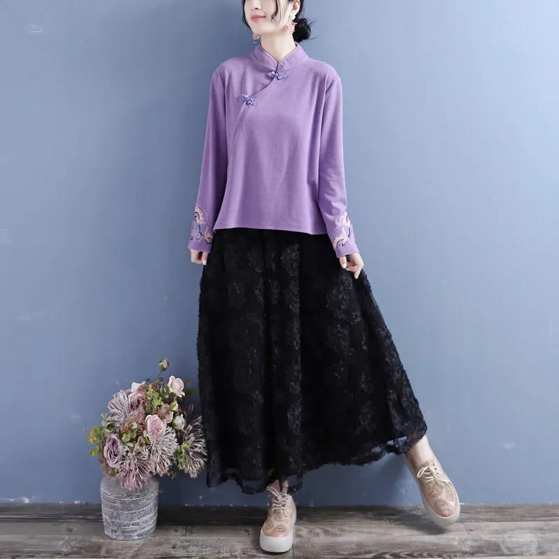 Catifea germană pe două fețe, broderie de toamnă și iarnă, cu guler în picioare, cu cataramă, pentru femei, în stil chinezesc, cămașă de rochie de ceai pentru femei