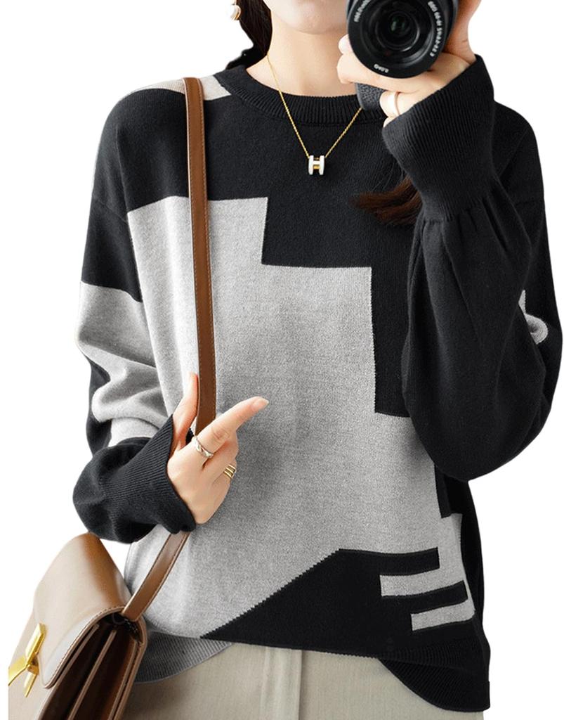 Doors Knit Top with Paneled Round Long Office Loose Long and Panels, Neck, Sleeves, Fall/Winter Pullover, Workwear, Wear, Fit, Comfortable, Sleeves,