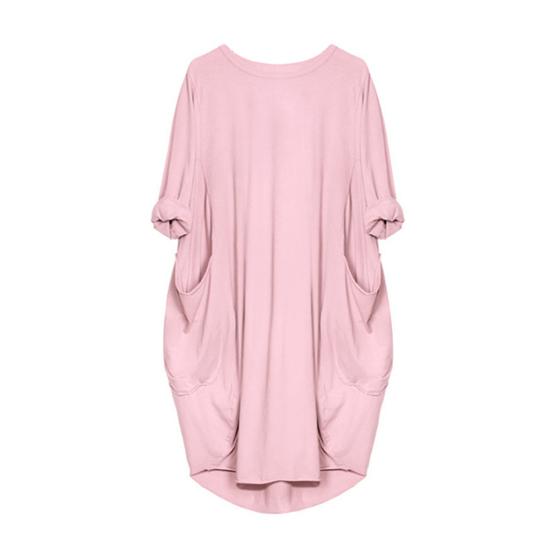 Plus Size Casual Solid Color Women Long Sleeve Loose Midi Dress with Pockets