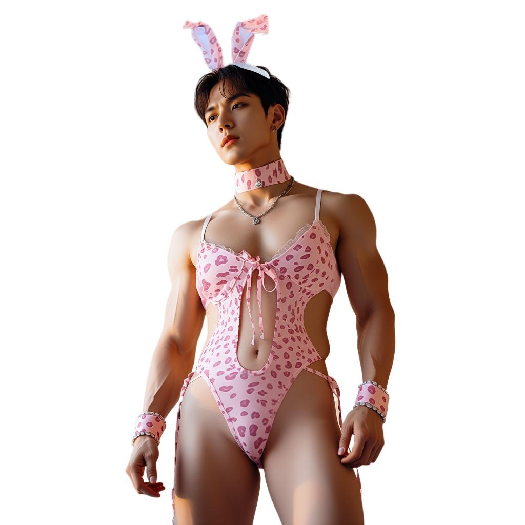 Sissy Sexy Lingerie Mens Pink Leopard Bunny Girl Uniform Crossdressing Hollowed Out Bodysuit Fake Girl Maid Cosplay Pajamas