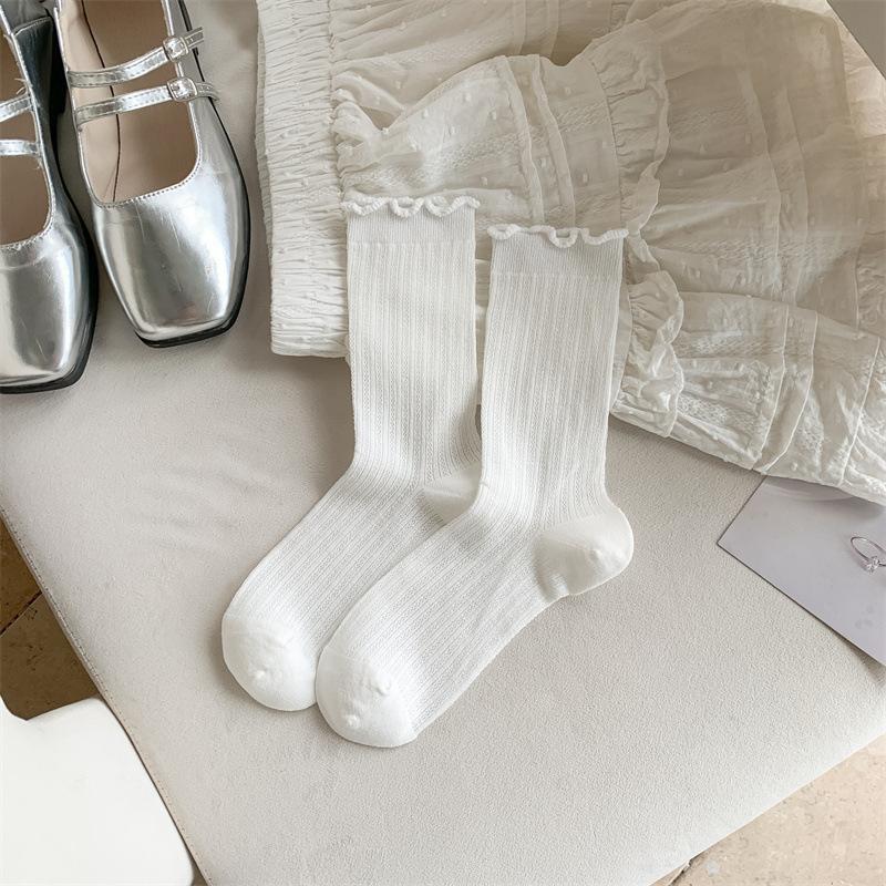 Ballet Style Stacked Socks Mid-Leg Socks Pure Cotton Summer Thin Hollow Mesh Lace Stockings With Small Sandals