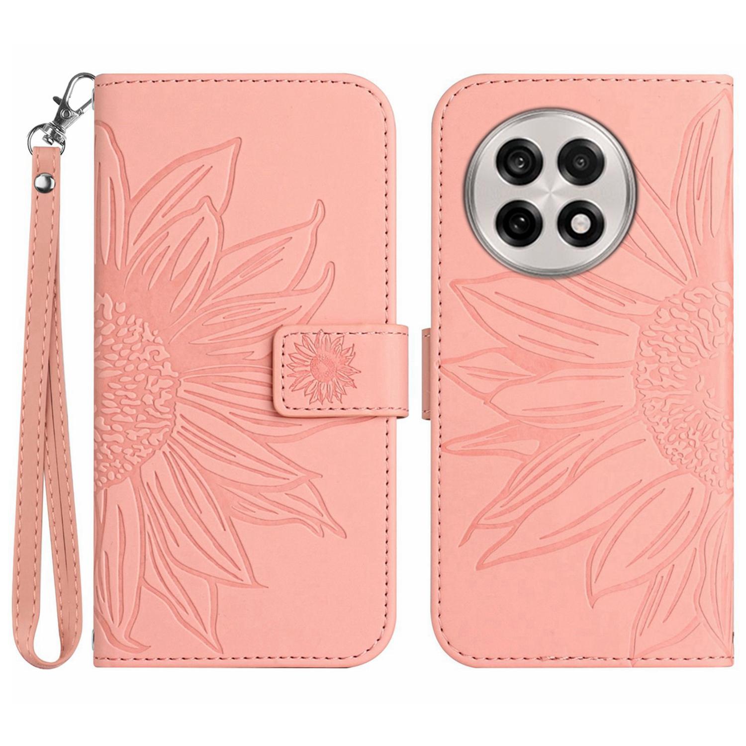 

For OnePlus 13 Case Sunflower Imprint Leather Wallet Phone Cover with Wrist Strap Light Pink