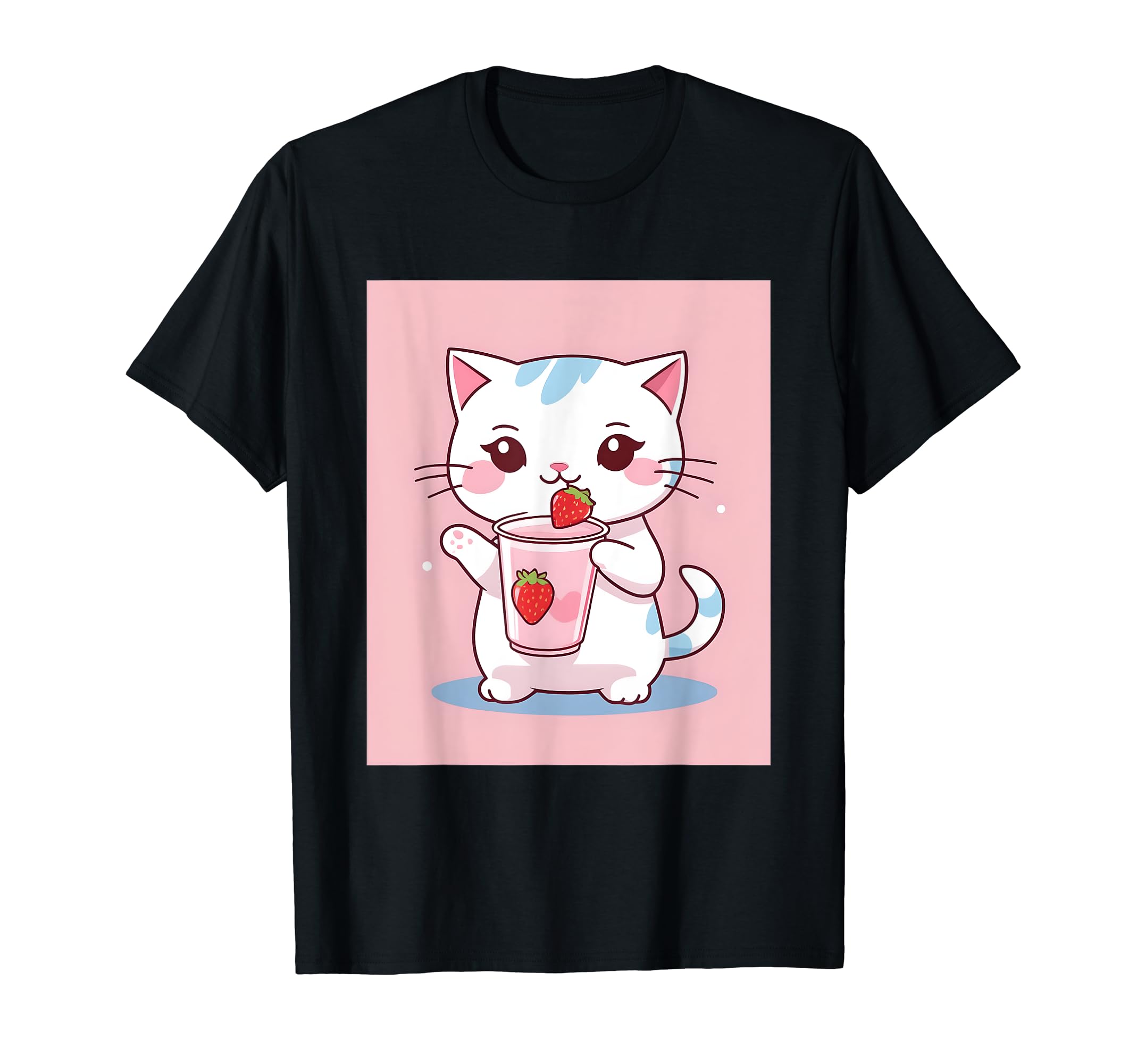 

strawberry things printed Kawaii, cat, milk, cute, Japanese, T-shirt чорний