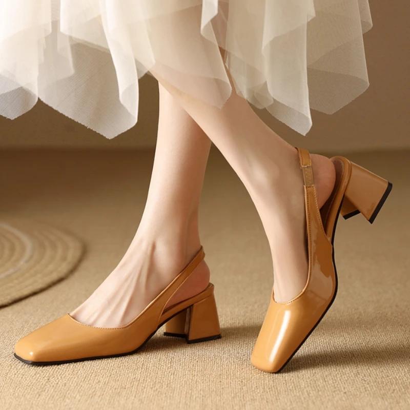 Middelhoge Hakken Pumps Schoen Vrouw Elegante Sandalen Zwart Nude Groen Roze Vierkante Neus Slingback Feest Kantoor Bruiloft Schoenen Vrouwelijk