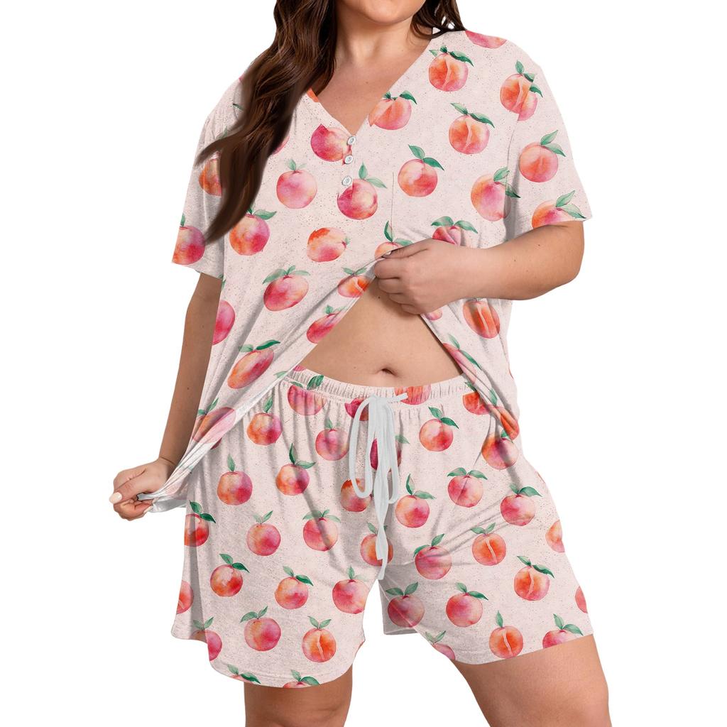 Women Casual Two Piece Set Short Sleeve V Neck Loose Fit Top with Elastic Waist Shorts Plus Size Printed Loungewear Sleepwear Set