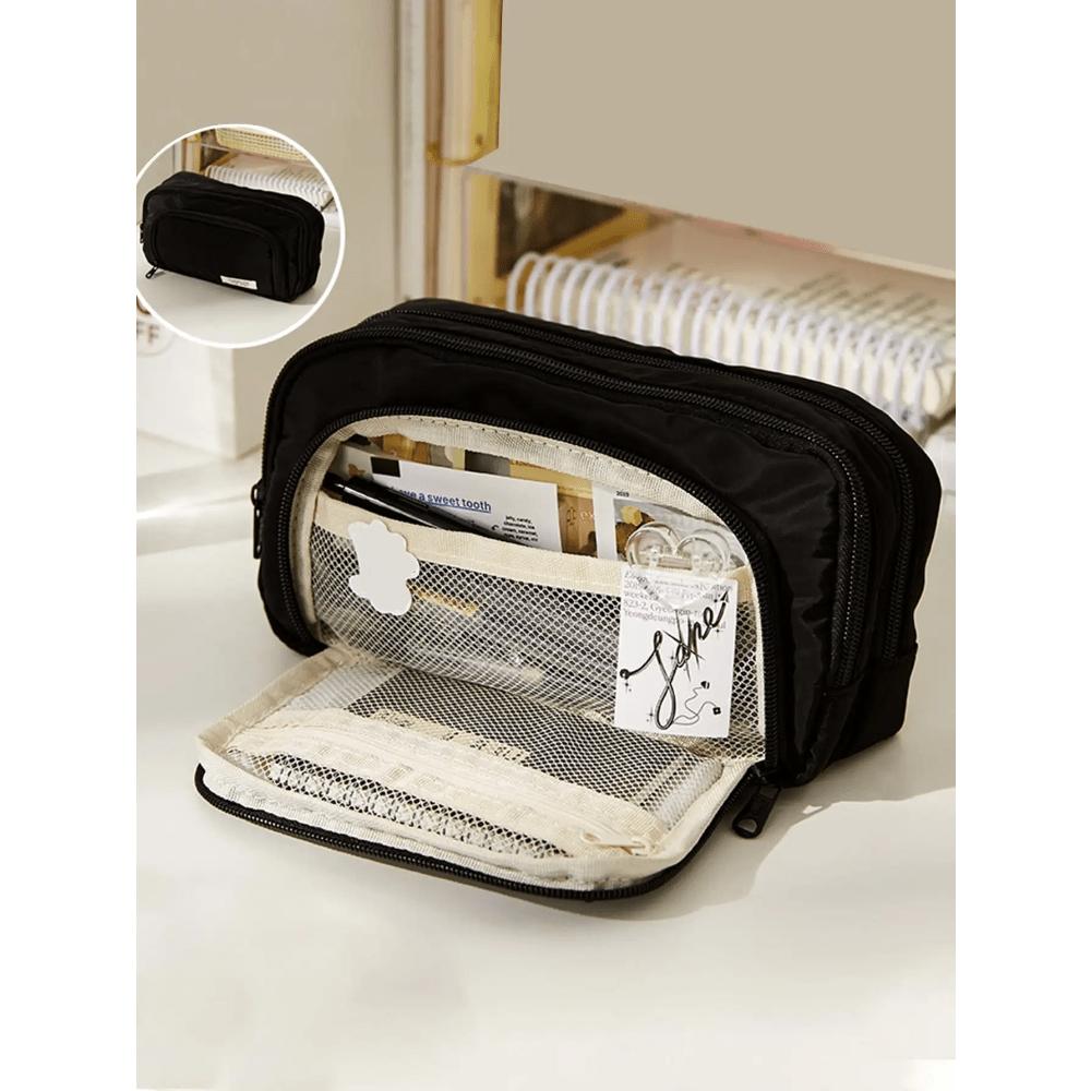 

Вместительный органайзер для многослойного хранения с прочной молнией и стильными цветами - портативная косметичка, сумка для хранения чёрный