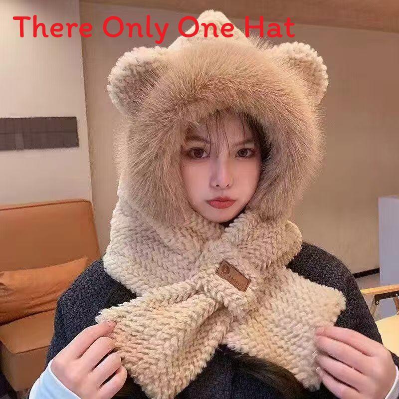 Winter Cute Bear Plush Hat Scarf Gloves Set With Windproof Warmth For Women