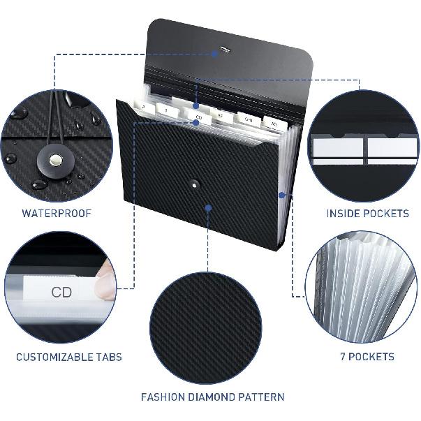 7 Pocket Expanding File Folder with Tab Erts, Accordian File Organizer Document Receipt Organizer, Accordion Folder File Keeper A4 Letter Size, for