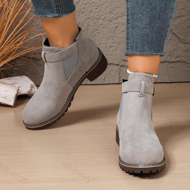Women's Boots 2026 Autumn Winter Thick Bottom Belt Buckle Decoration Round Head Short Boots Polyurethane Material Ankle Boots