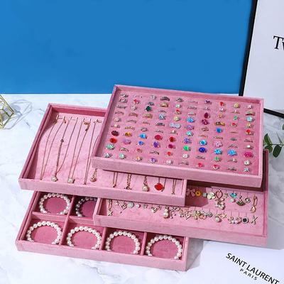 Elegant Pink Velvet Jewelry Organizer Ring Display Tray Earrings Necklace Bracelet Watches Storage Trays Counter Showcase Props