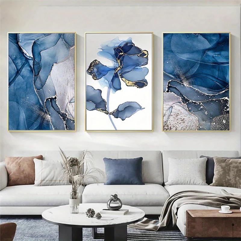 3pcs Frameless Nordic Abstract Blue Marble and Flowers Canvas Painting Wall Decorative Pictures for Living Room Poster and Print