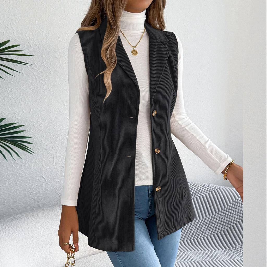 Women's Fashionable Solid Color Sleeveless Lapel Button Vest Jacket