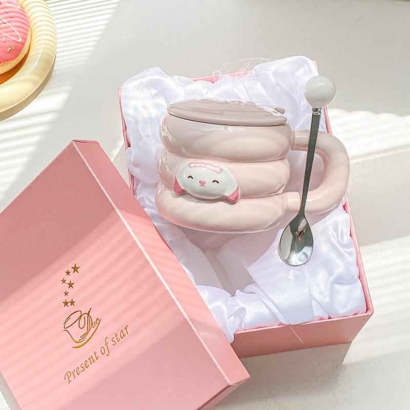 Söt tecknad kaninmugg med lock och sked för flickor hem keramisk kopp par kaffe mjölk kopp kontor