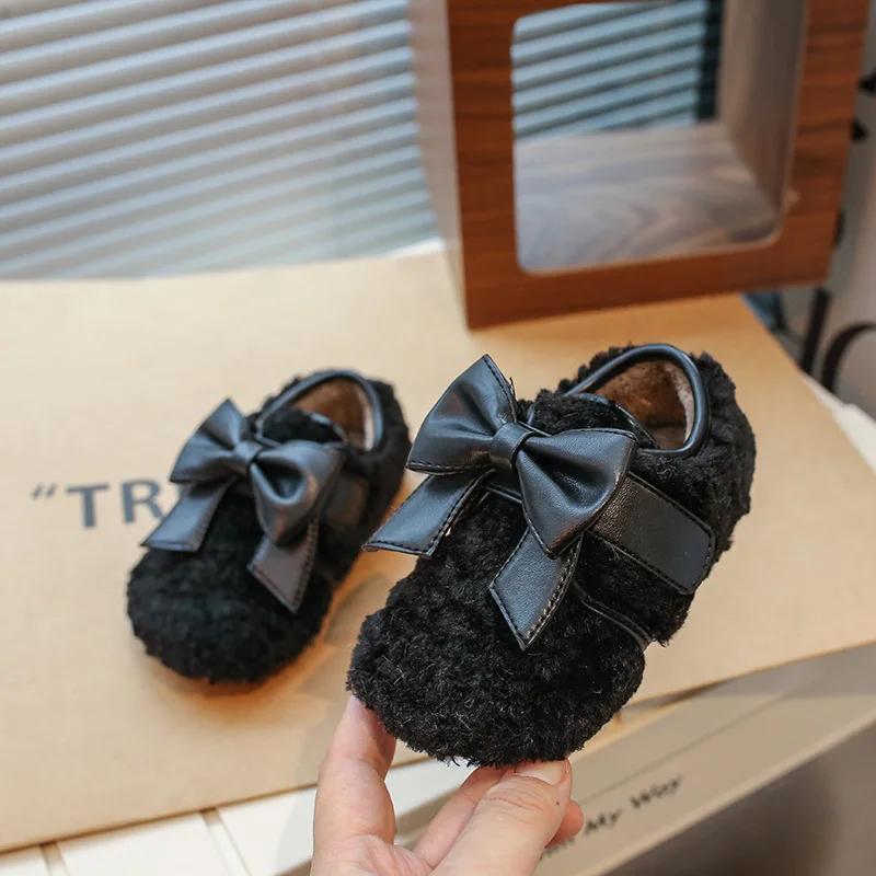 2024 Children Plush Leather Shoes for Girls Winter New Fashion Korean Style Soft Bottom Anti-slippery Versatile Chci Warm Shoes