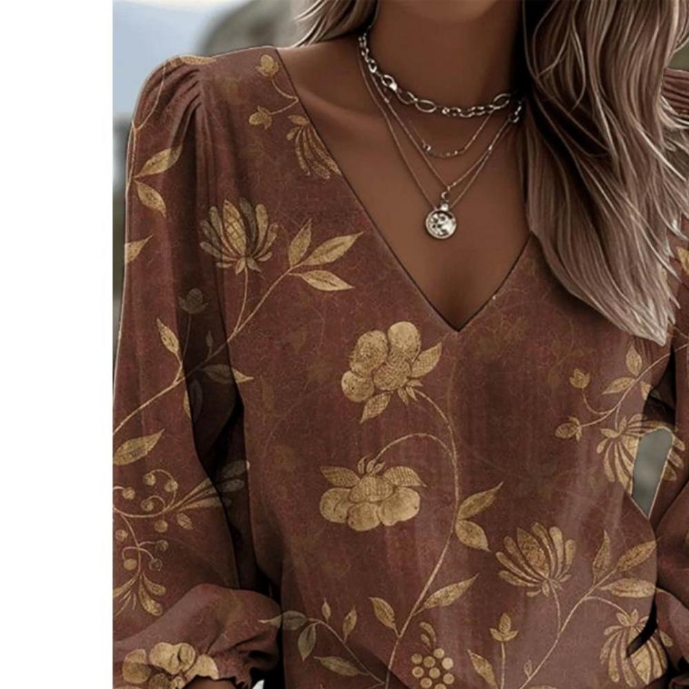 Women's Retro Bohemian Casual Fashion Floral Print V-Neck Long-Sleeved Shirt with Female Lantern Sleeves Design Long-Sleeved Shirt Elegant Top