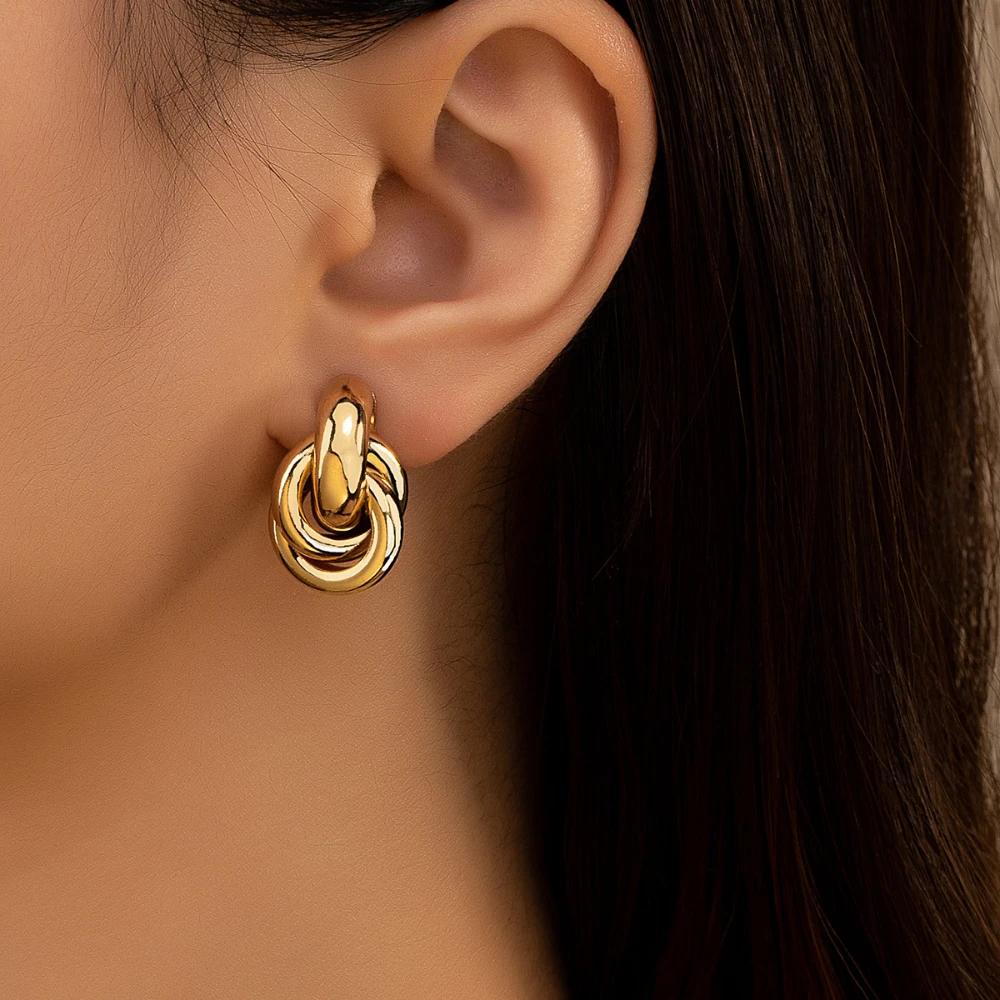New Gold Color Round Chunky Earrings for Women Lightweight Smooth Metal Open Thick Hoops Fashion Trendy Jewelry