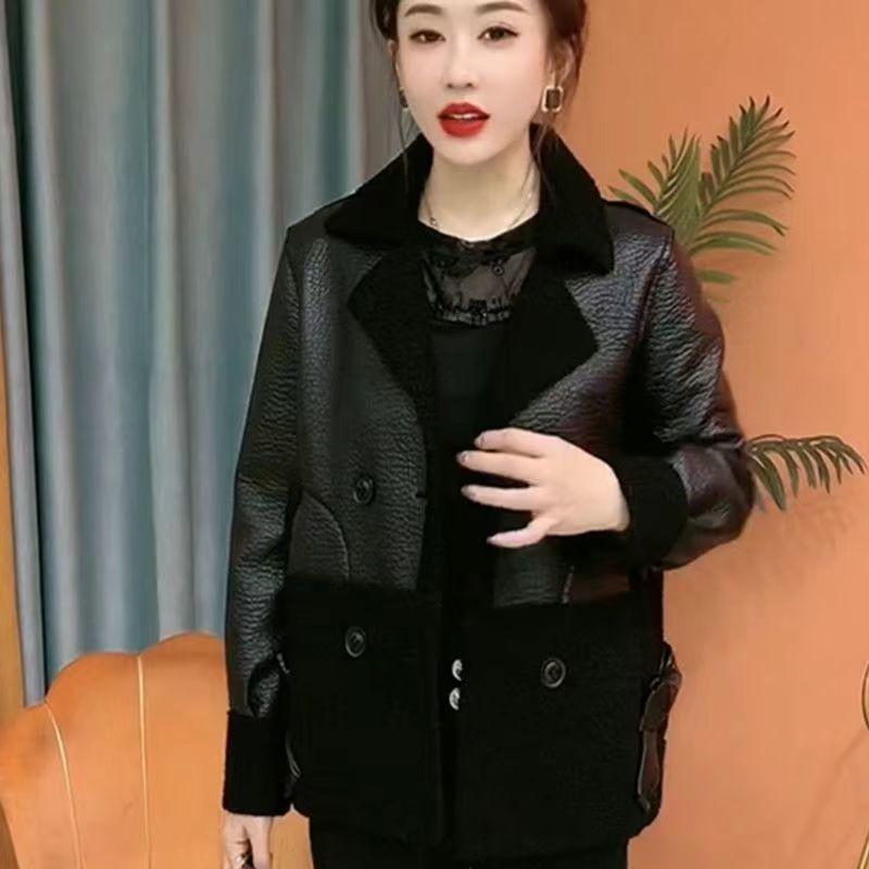 

Autumn and winter new models wear leather jackets on both sides, women s fur integrated lamb wool piled and thickened loose tops L [100-59 kg] чорний