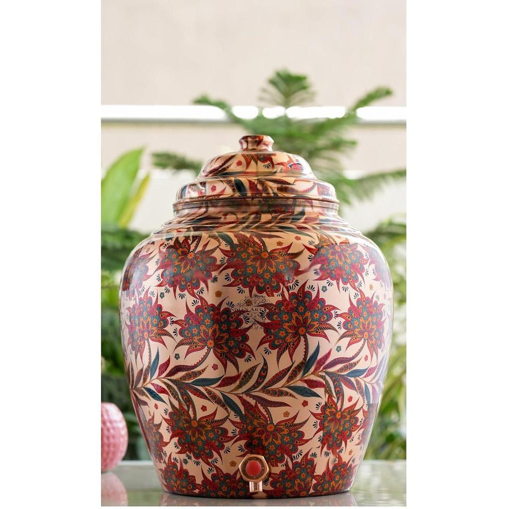 Red and Blue Floral Print Design Copper Water Dispenser Pot Matka, Storage, Home Garden, 13 liter