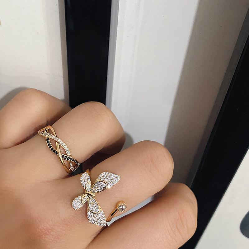 Kinel Luxury 585 Rose Gold Natural Black Zircon Ring Geometric Line Cross Wedding Rings for Women Vintage Fashion Jewelry