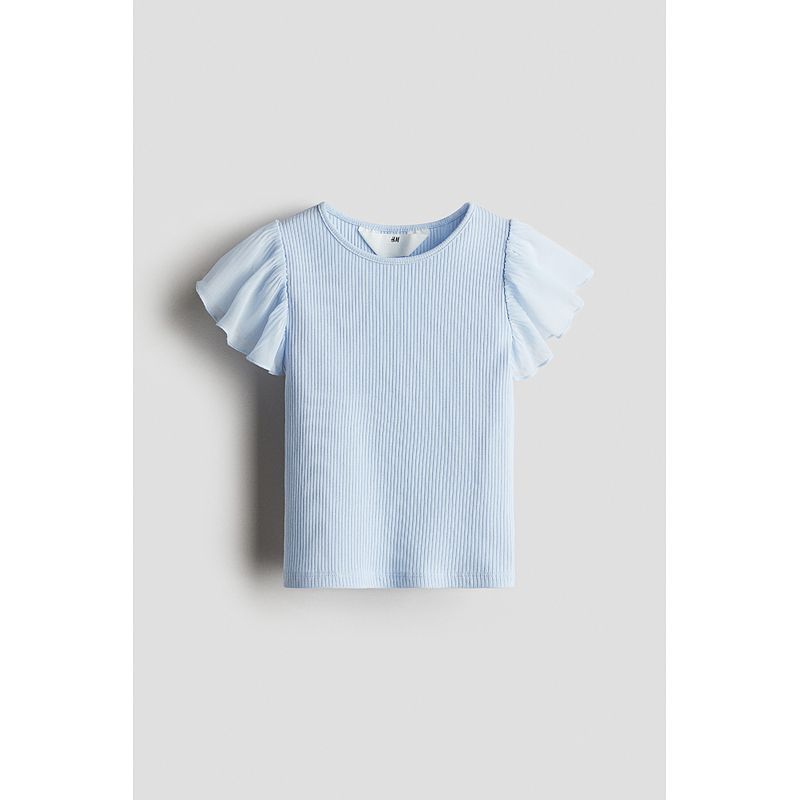 

HM Children s Clothing Girl T-shirt 2025 Autumn New Arrival Rib round-Neck Flounced Sleeve Chiffon Breathable Comfortable Top 1289502