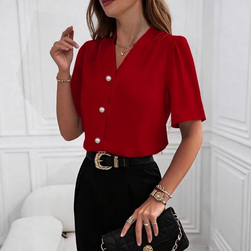 Women's New Summer V-neck Fashion Button Casual Business Short-sleeved Shirt