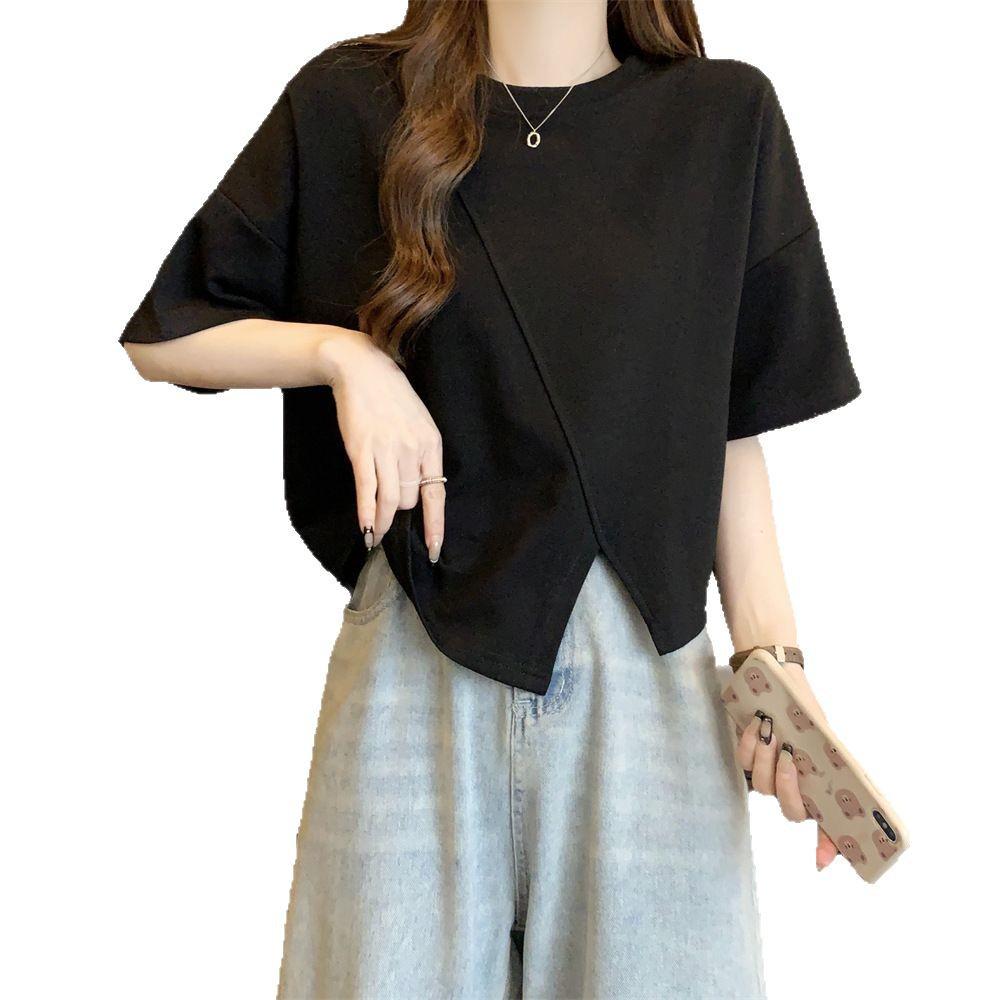 Women's Korean-Style Irregular Hem Short Sleeve T-Shirt - Trendy Summer Loose Fit Niche Design