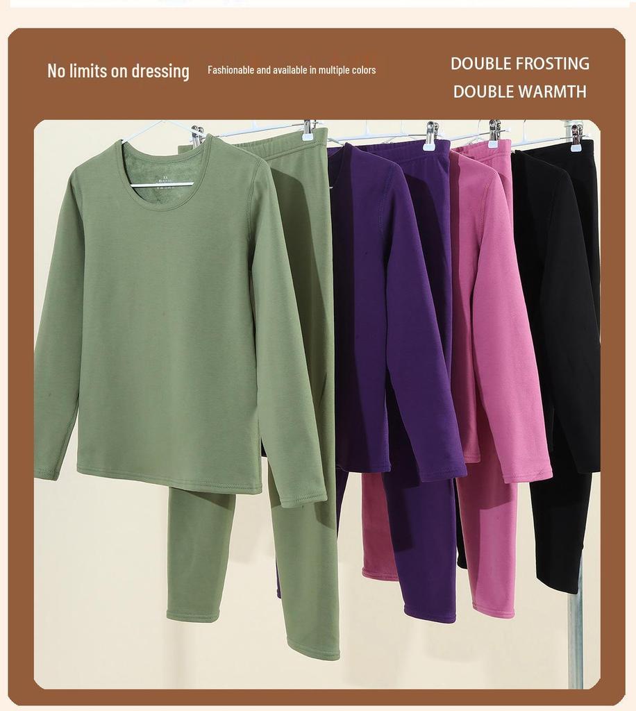 Men's and Women's Fleece-lined Crew Neck Warm Underwear Set: Heat-generating, Cold-proof, Pure Cotton for Autumn.