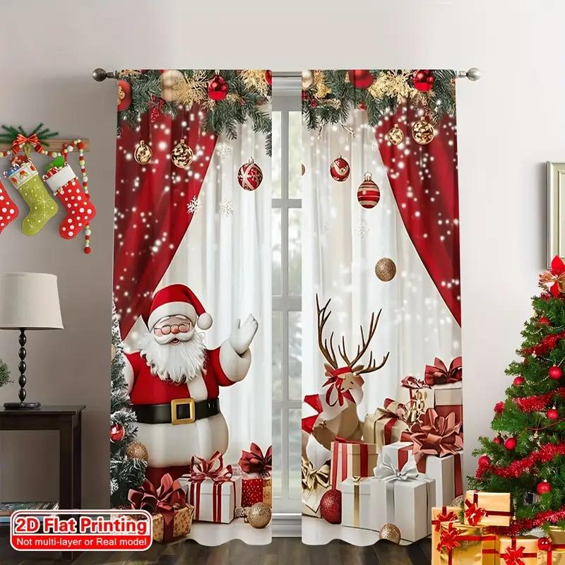 

2pcs Christmas curtains with Santa Claus and reindeer patterns vivid design for Christmas family windows filter polyester 100*130 Rod Pocket 1pcs