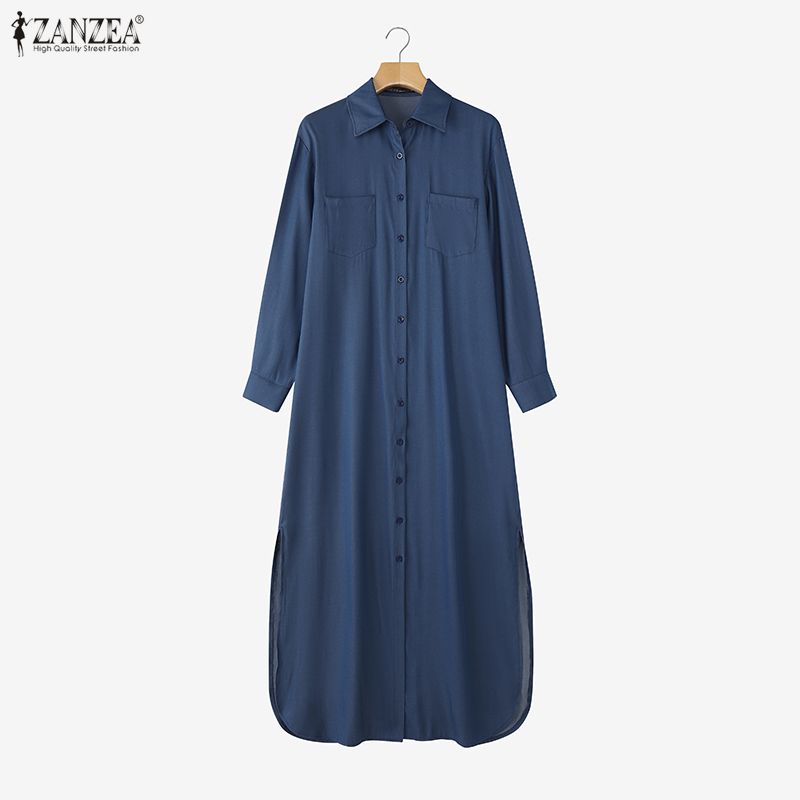 ZANZEA Elegant Women Lapel Neck Long Sleeve Buttons Splits Casual Long Shirts Dress