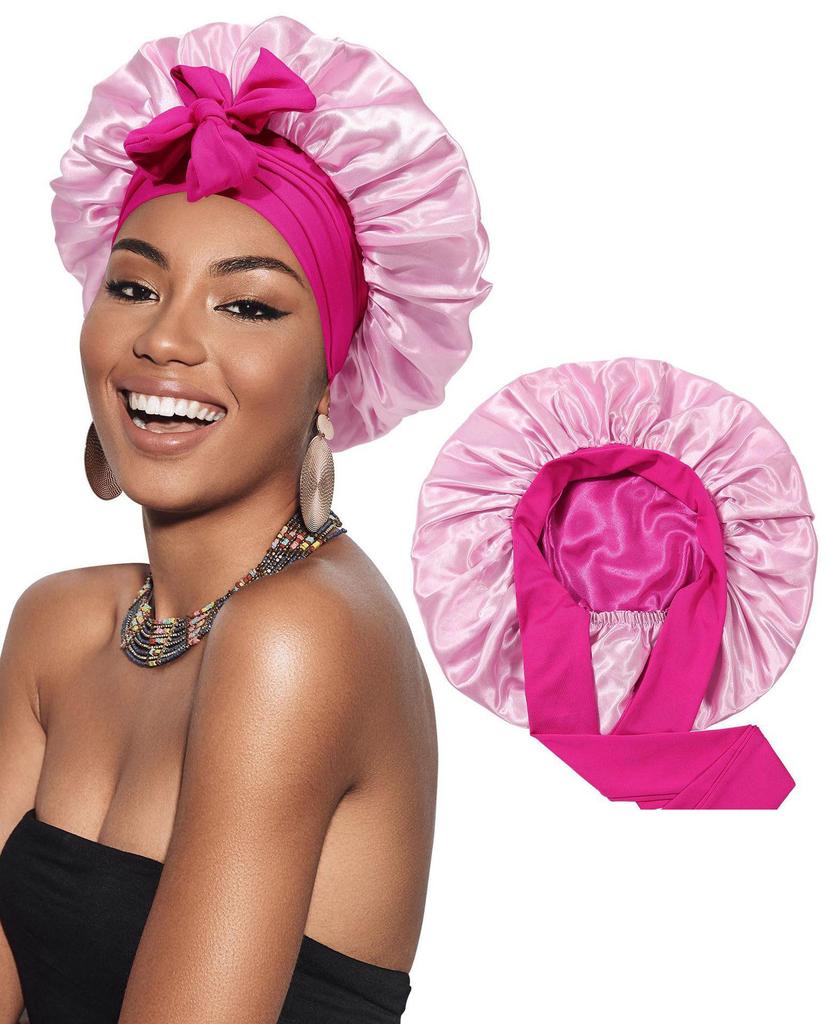 Double-Layer Satin Bow Tie Sleep Cap for Women - Reversible Bandana Style Bonnet for Hair Care
