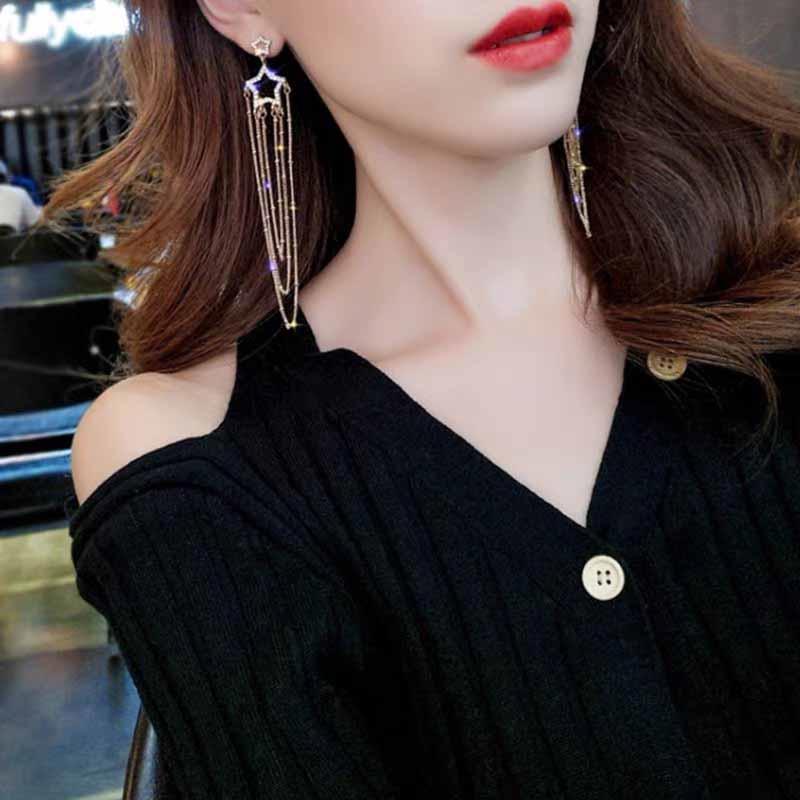 Korean Hollow Star Tassel Earrings - Long, Elegant, Trendy Ear Studs for Women