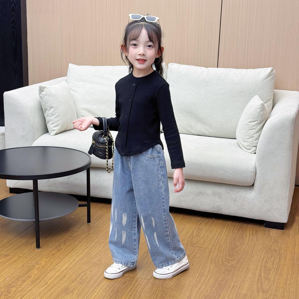 2025 New Korean Style Girls' Black Top & Jeans Set - Spring/Autumn