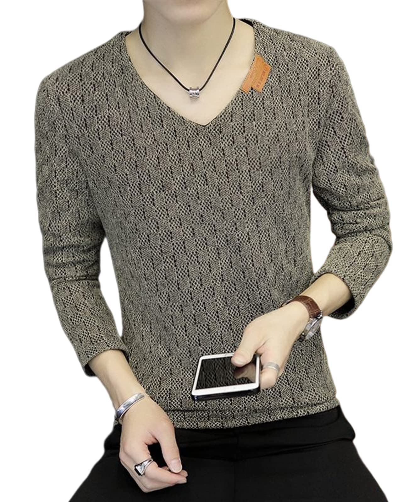 

с длинным рукавом длинный большой большой длинный свободный внутренний длинный парный клетчатый легкий [Блан Блан] V-образный вырез мужская футболка, дышащая, многослойная, весна, лето, осень,