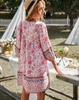 Beach Boho Vintage Floral Print A-Line Dress Summer Fall Casual Women Long Sleeve Tie Up V Neck Loose Mini Dress